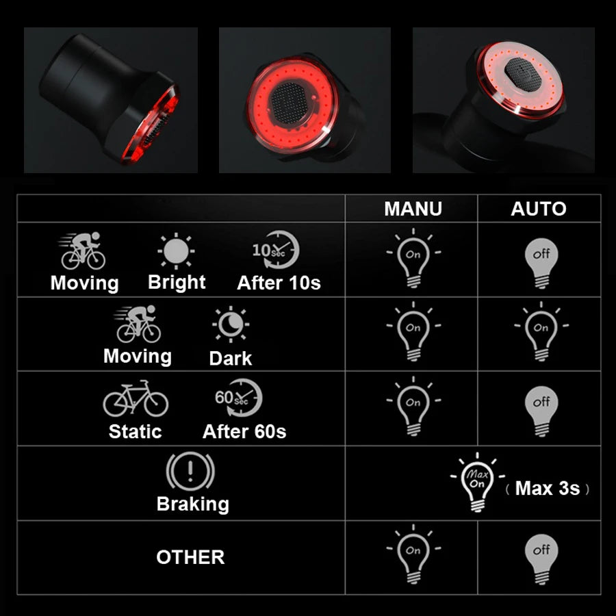 Smart Bicycle Rear Light Auto Start/Stop Brake Sensing IPx6 Waterproof USB Charge cycling Tail Taillight Bike LED Light